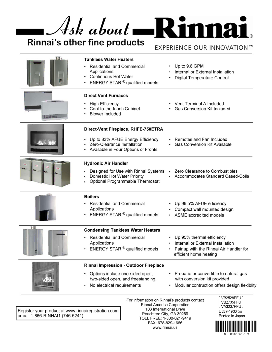 Rinnai RL94I, RL75I installation manual VB2528FFU VB2735FFU VA3237FFU 