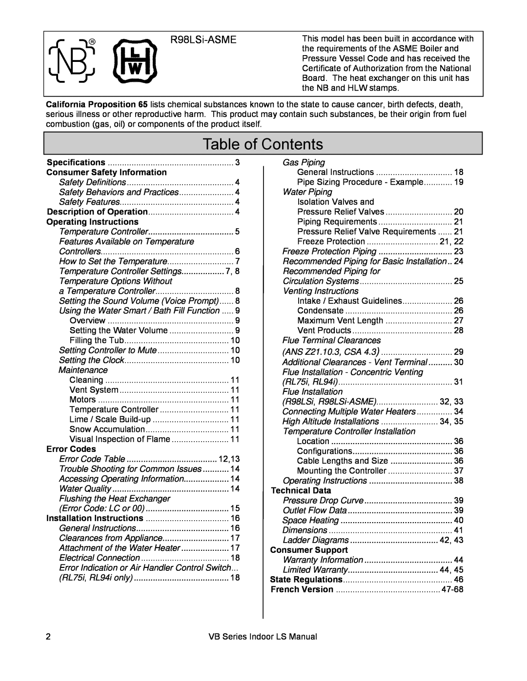 Rinnai RL94I, RL75I Table of Contents, Consumer Safety Information, Operating Instructions, Error Codes, Technical Data 