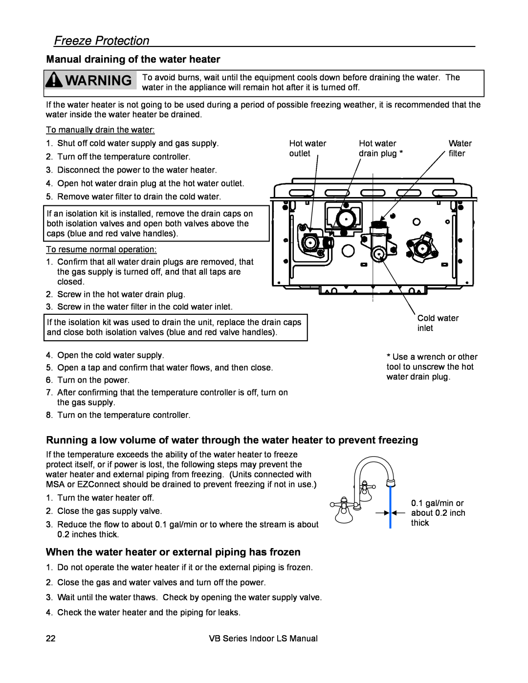 Rinnai RL94I, RL75I installation manual Freeze Protection, Manual draining of the water heater 