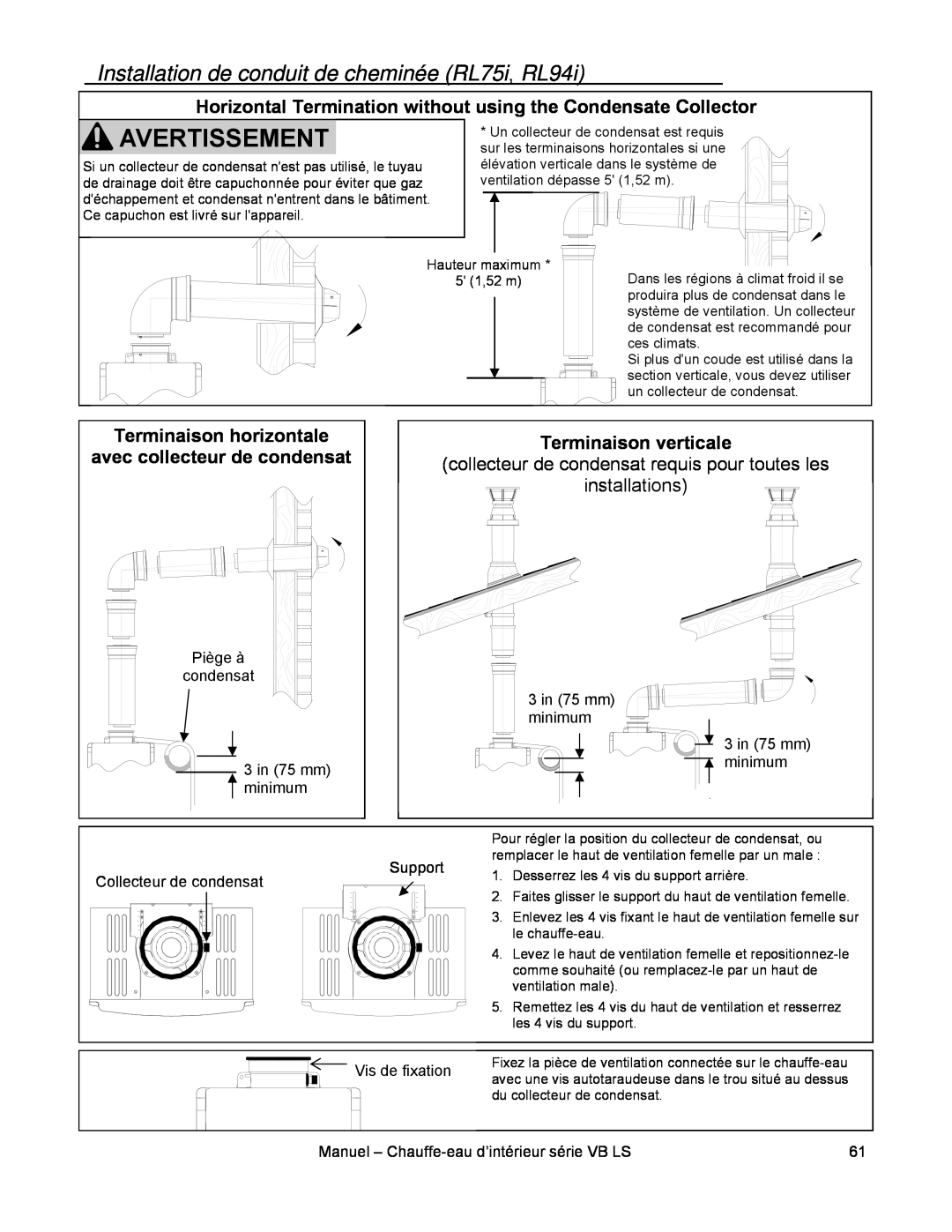 Rinnai RL75I, RL94I installation manual Installation de conduit de cheminée RL75i, RL94i, Vis de fixation 