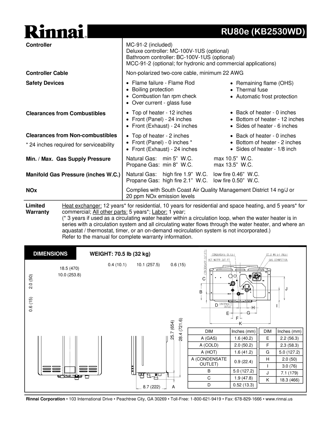 Rinnai RU80E specifications Dimensions 