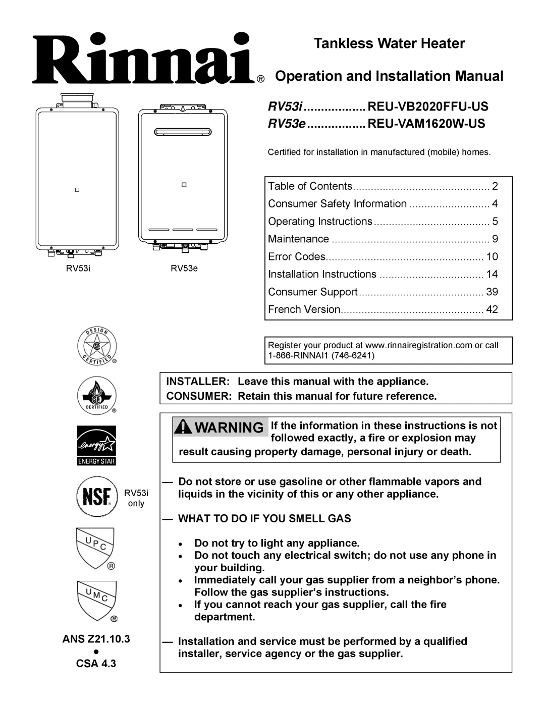 Rinnai RV53I, RV53E installation manual Result causing property damage, personal injury or death, ANS Z21.10.3 CSA 