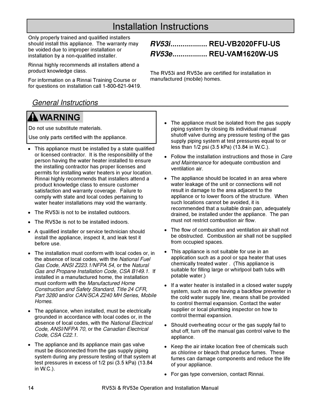 Rinnai RV53E, RV53I installation manual Installation Instructions, General Instructions 