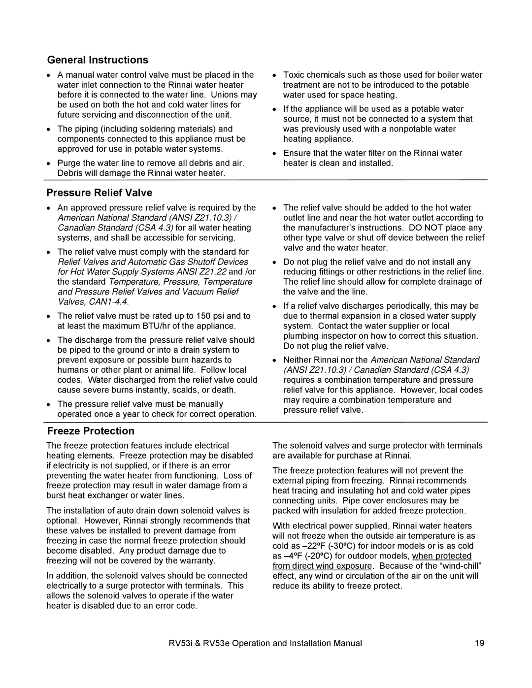 Rinnai RV53I, RV53E installation manual Pressure Relief Valve, Freeze Protection 