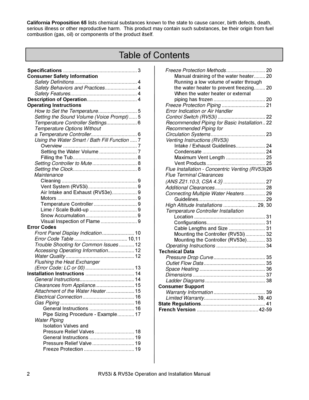 Rinnai RV53E, RV53I installation manual Table of Contents 