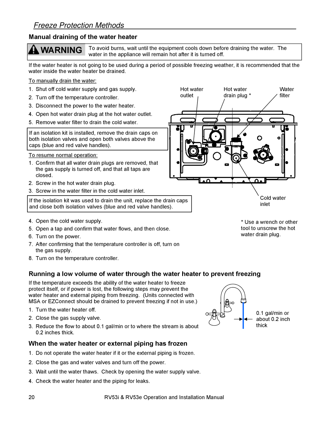 Rinnai RV53E, RV53I installation manual Freeze Protection Methods, Manual draining of the water heater 