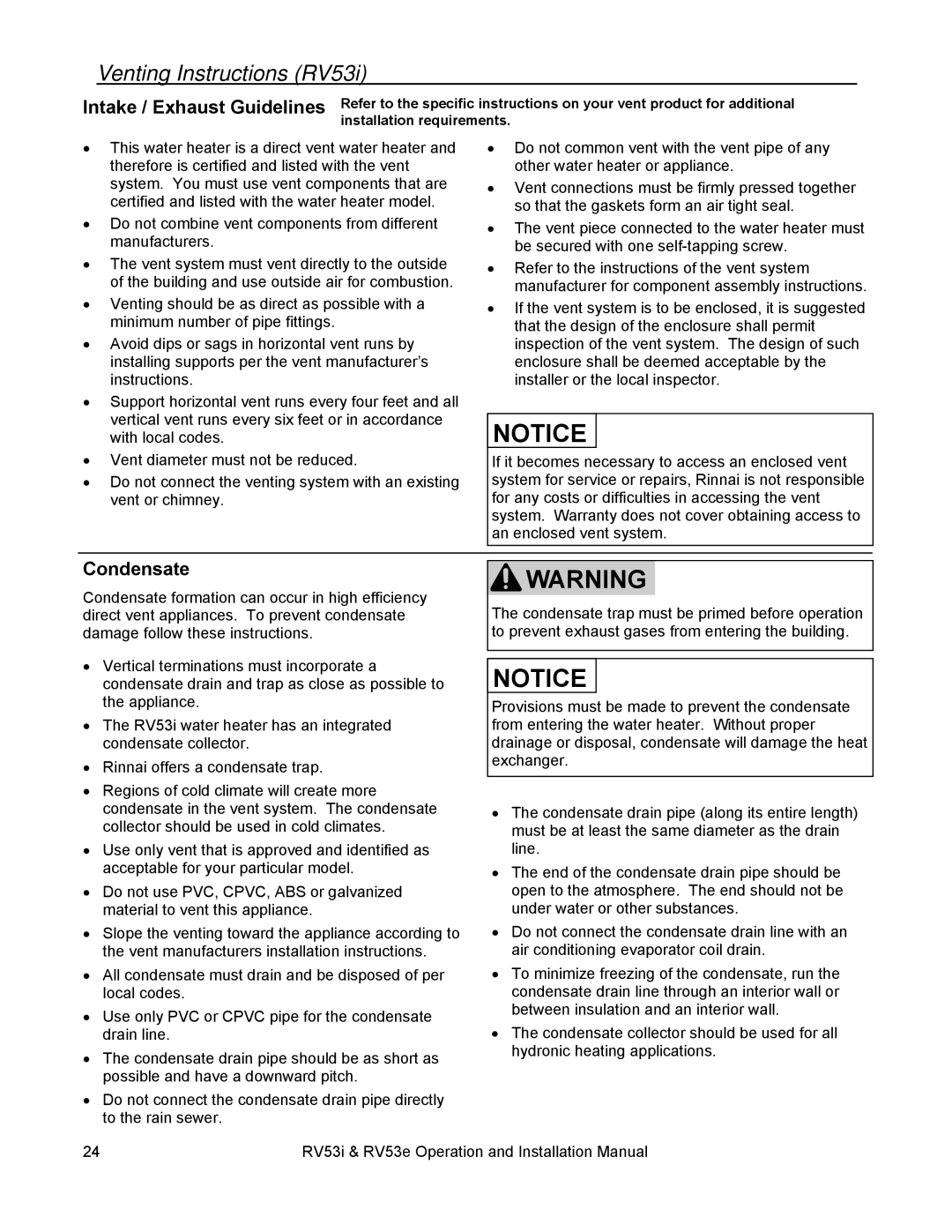 Rinnai RV53E, RV53I Venting Instructions RV53i, Intake / Exhaust Guidelines, Condensate, Installation requirements 