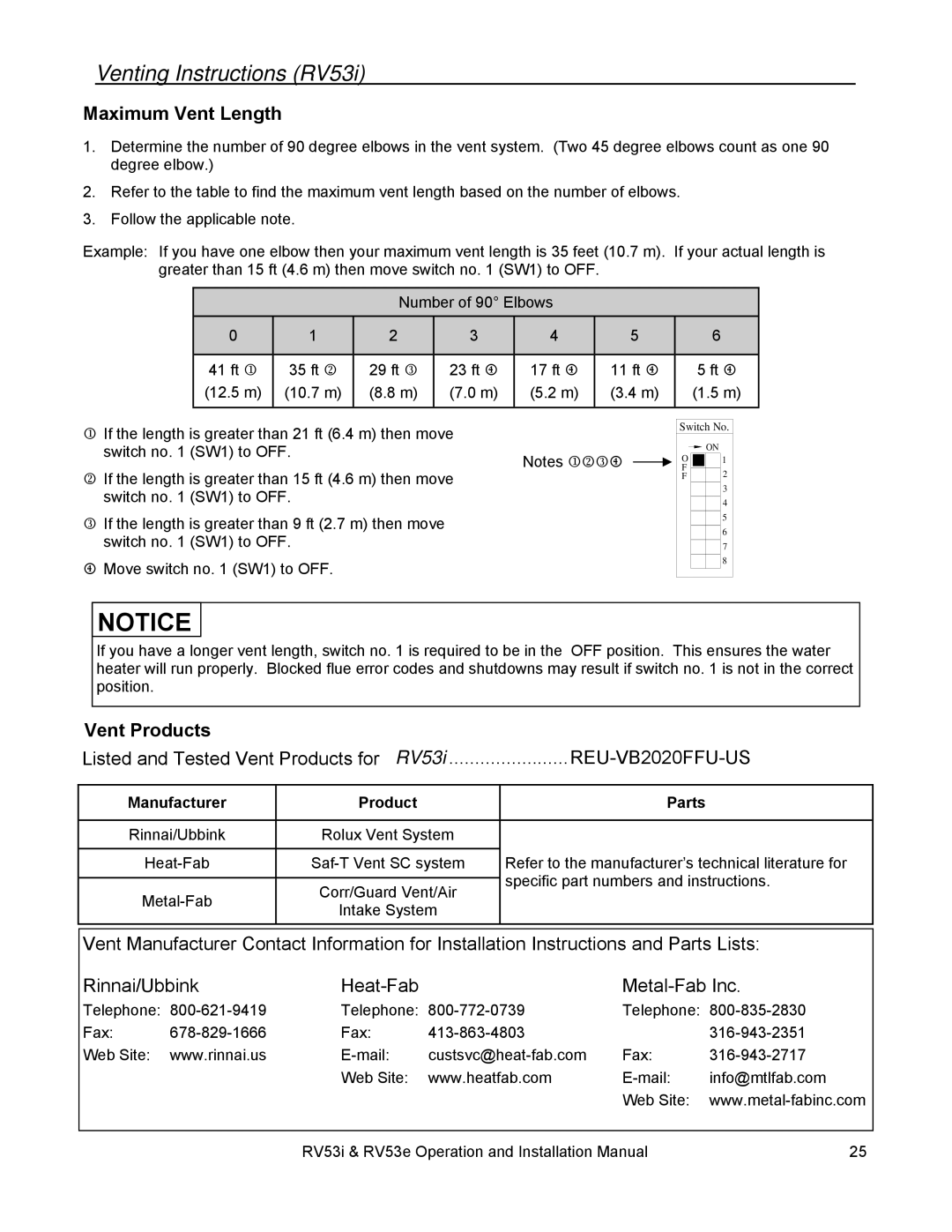 Rinnai RV53I, RV53E installation manual Maximum Vent Length, Vent Products, Manufacturer Product Parts 