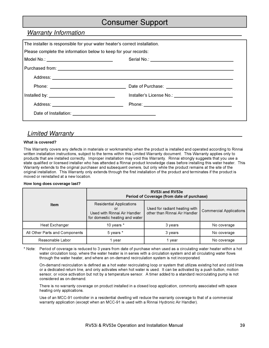 Rinnai RV53I, RV53E installation manual Consumer Support, Warranty Information, Limited Warranty, What is covered? 