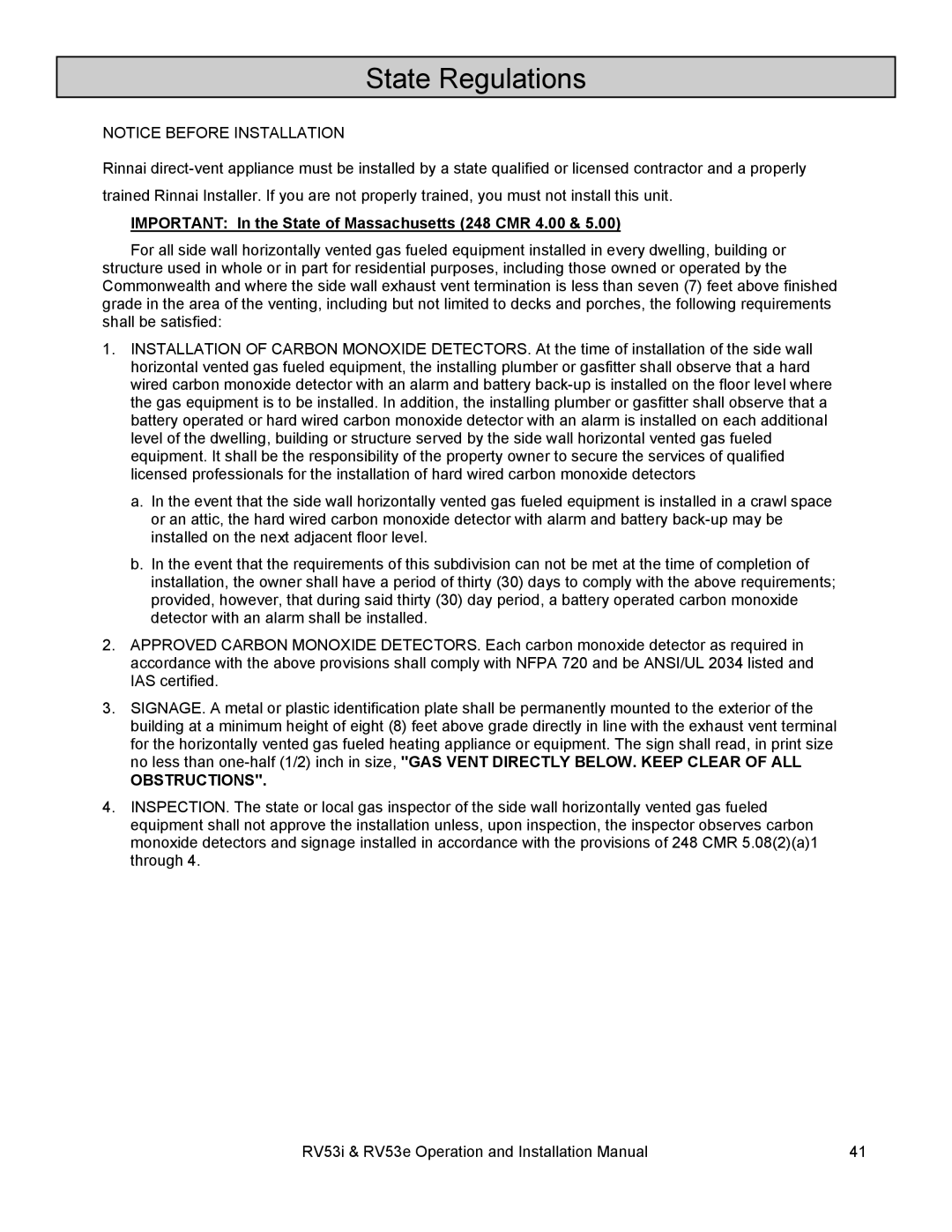 Rinnai RV53I, RV53E installation manual State Regulations, Important In the State of Massachusetts 248 CMR 4.00 