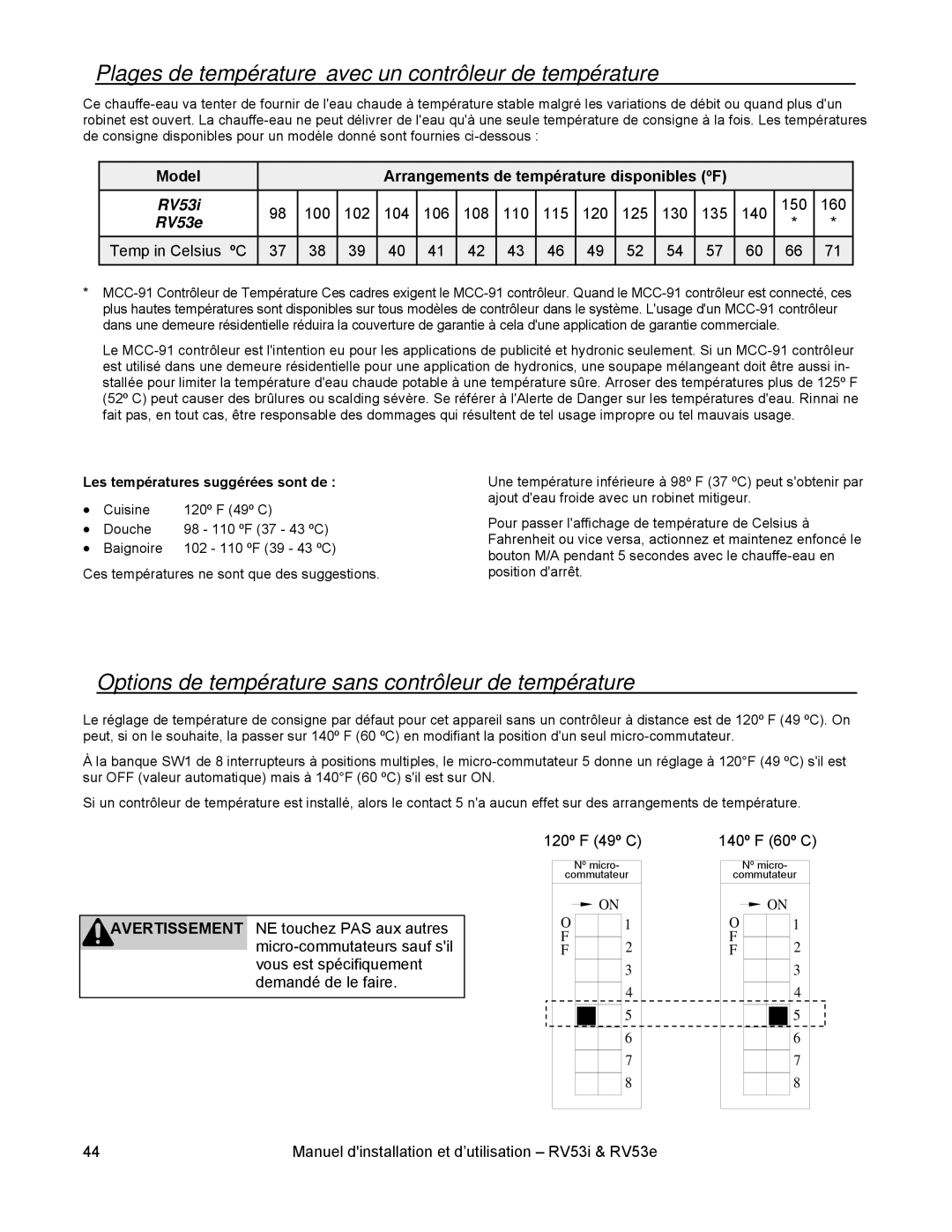 Rinnai RV53E Plages de température avec un contrôleur de température, Model Arrangements de température disponibles ºF 