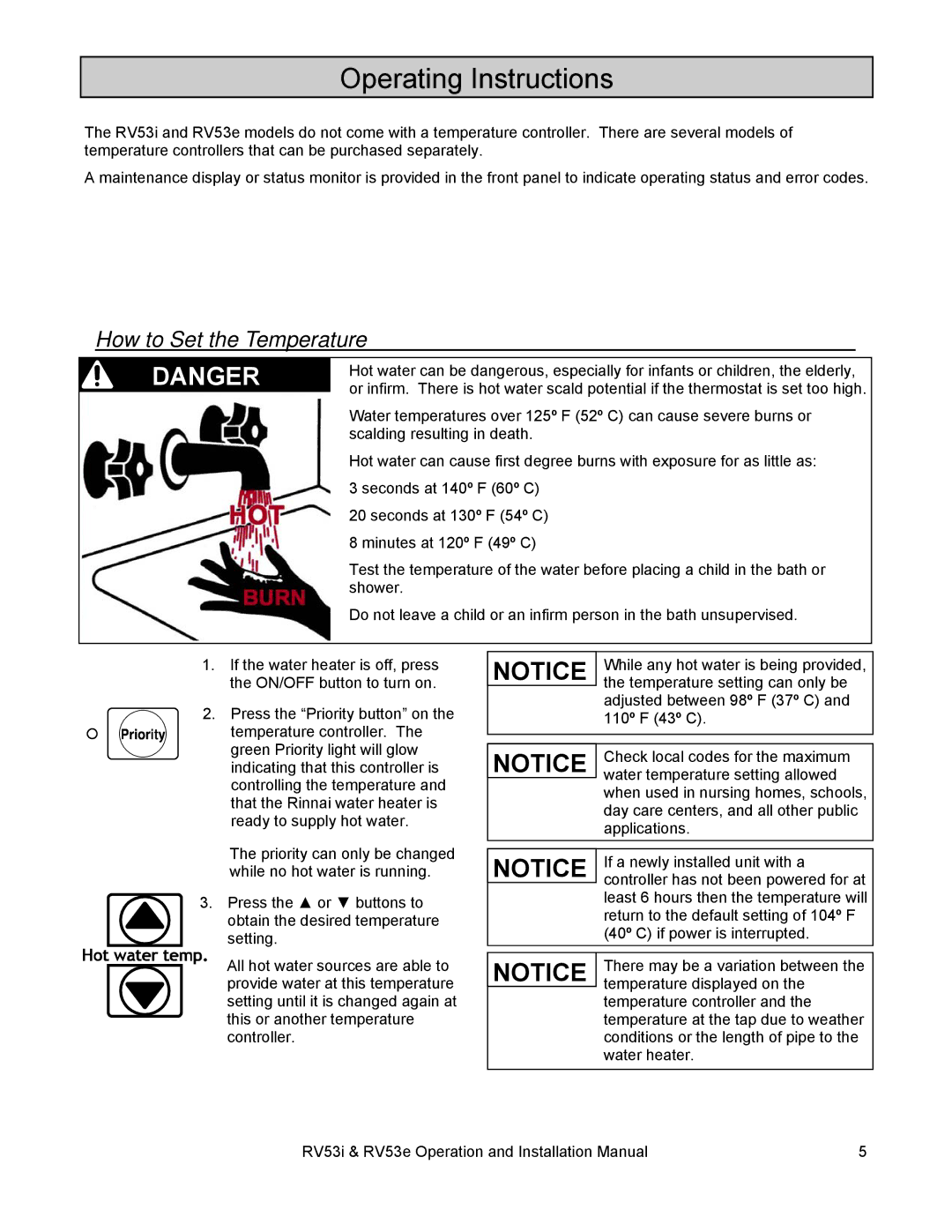 Rinnai RV53I, RV53E installation manual Operating Instructions, How to Set the Temperature 