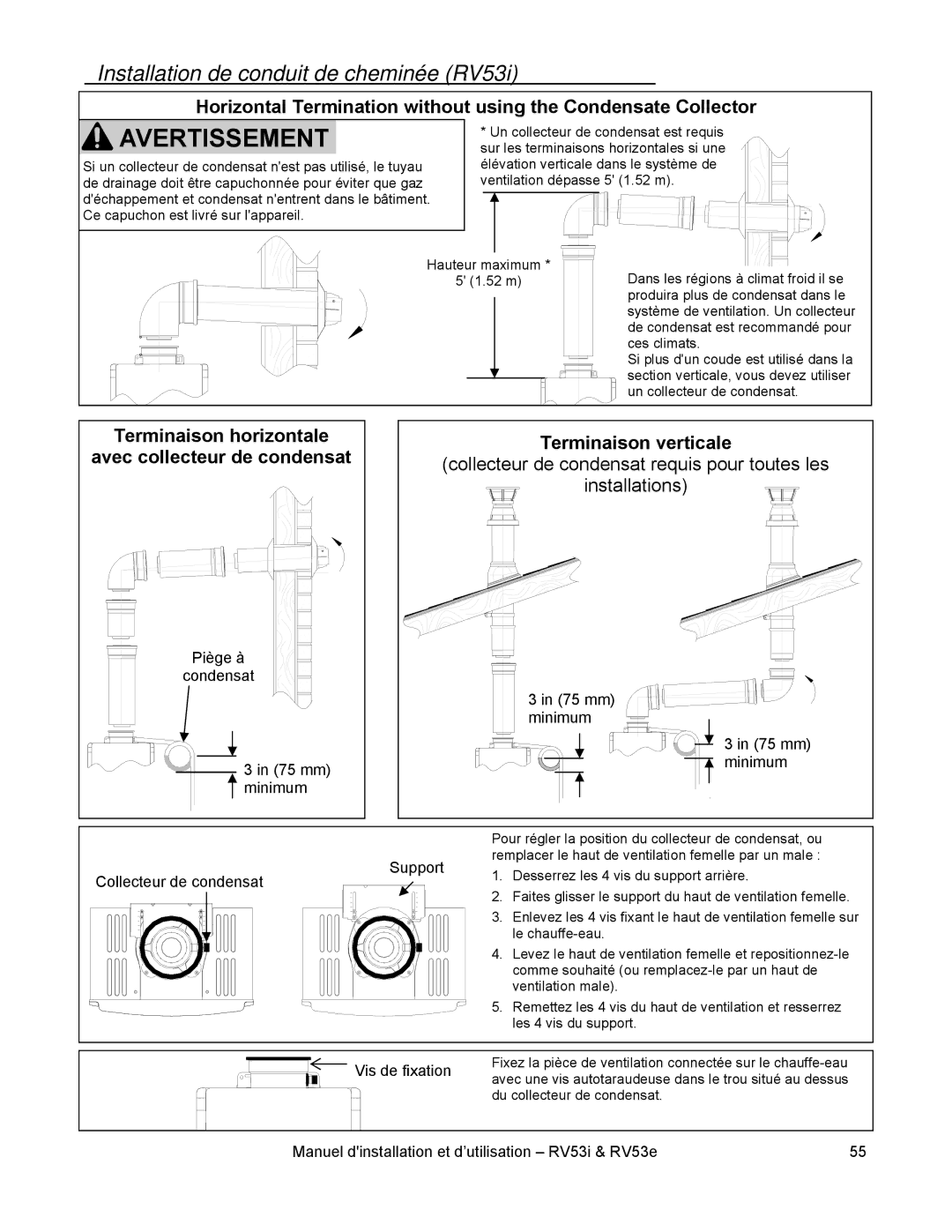 Rinnai RV53I, RV53E installation manual Installation de conduit de cheminée RV53i 