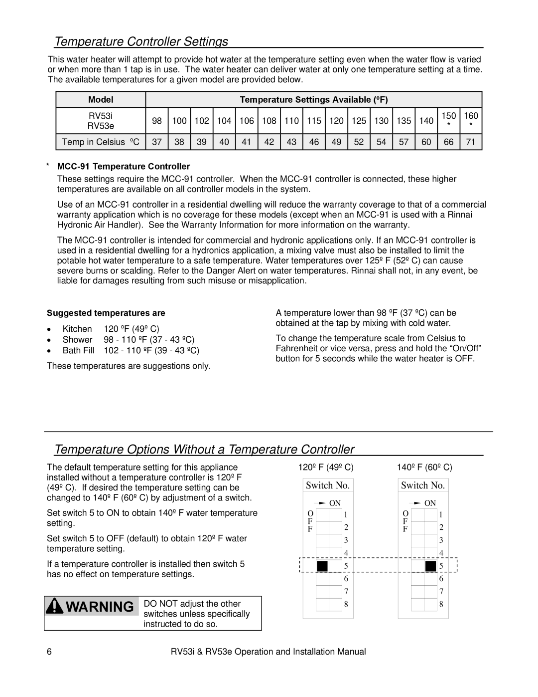 Rinnai RV53E, RV53I Temperature Controller Settings, Temperature Options Without a Temperature Controller 