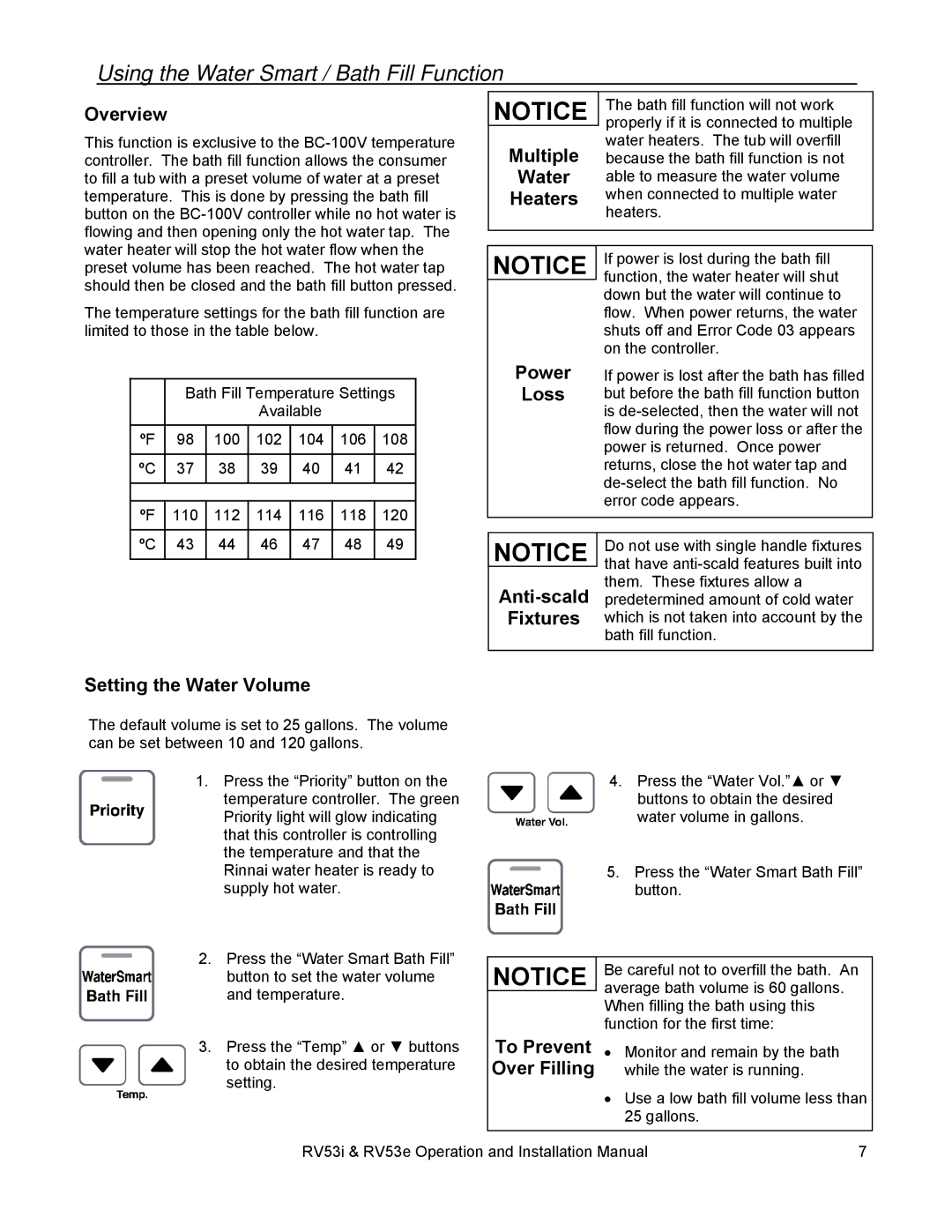 Rinnai RV53I, RV53E installation manual Using the Water Smart / Bath Fill Function, Overview, Setting the Water Volume 