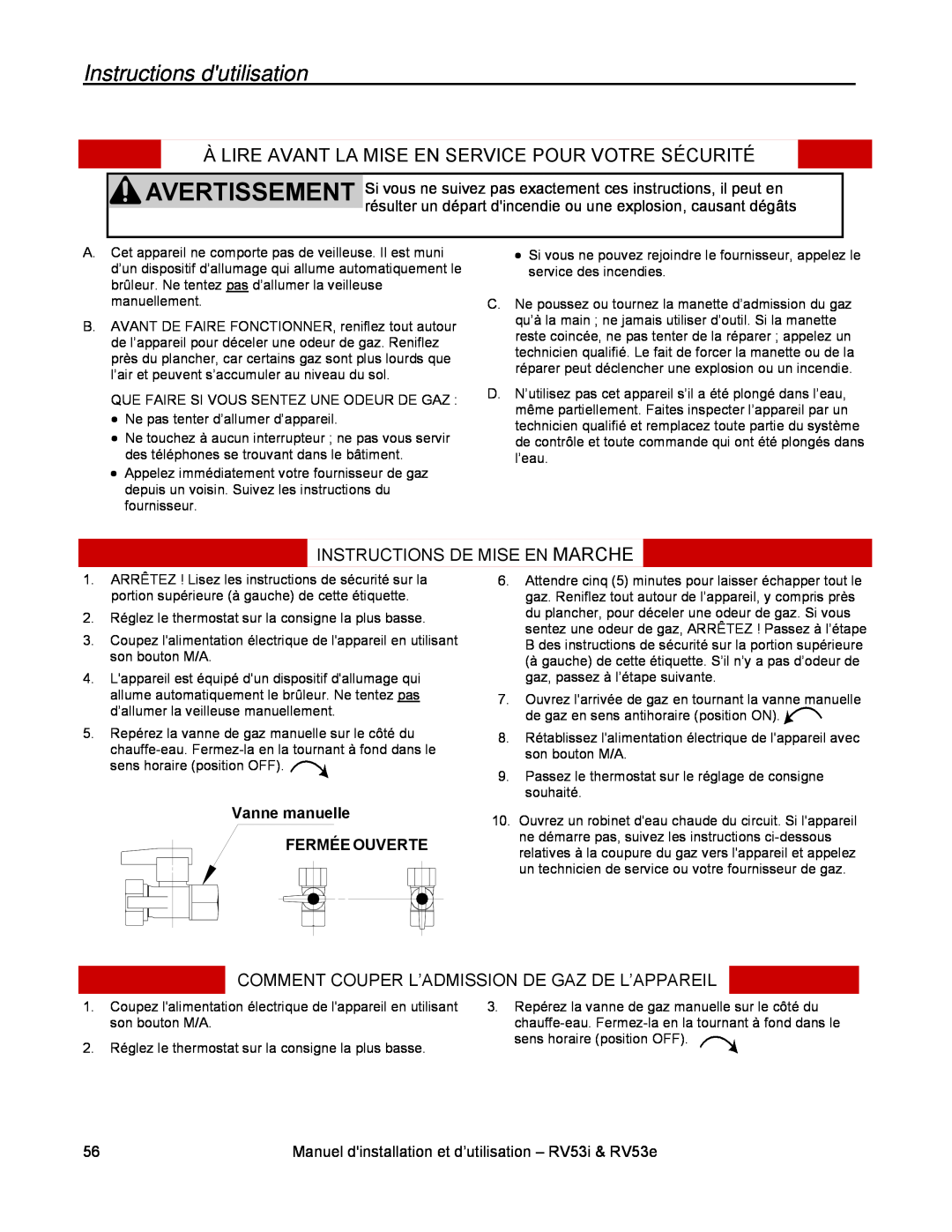 Rinnai RV53E Instructions dutilisation, Instructions De Mise En Marche, Comment Couper L’Admission De Gaz De L’Appareil 