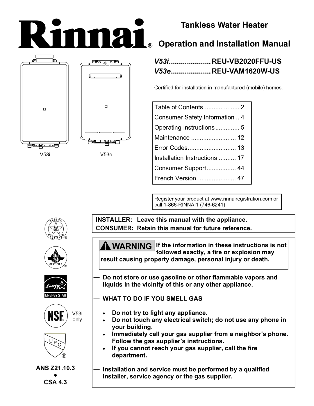 Rinnai V53I, V53E installation manual Result causing property damage, personal injury or death, ANS Z21.10.3 CSA 