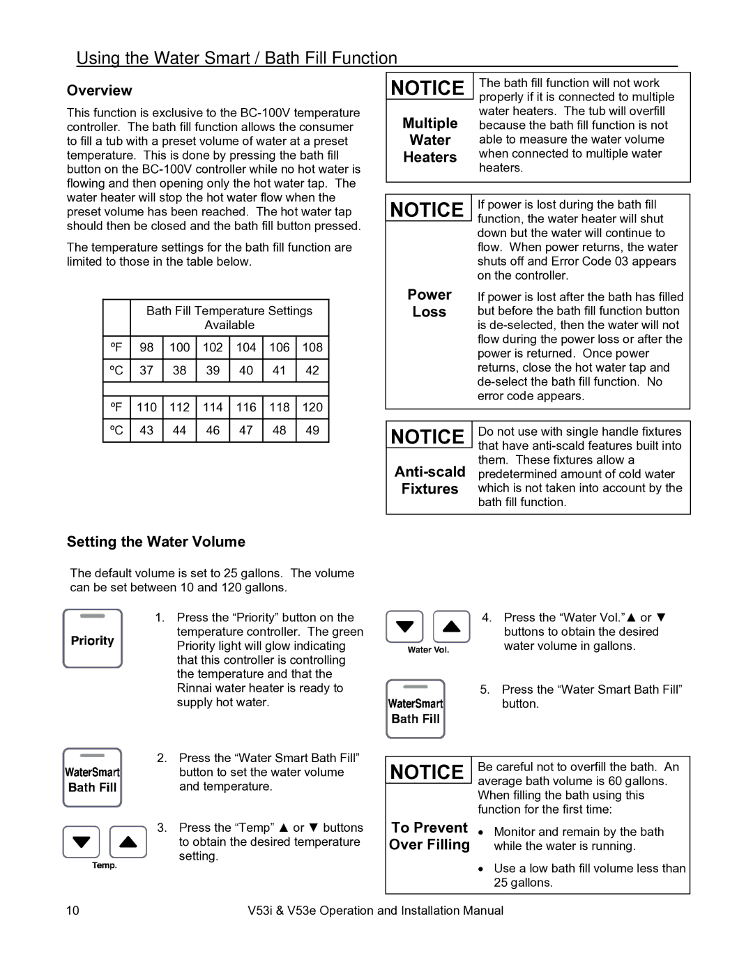 Rinnai V53E, V53I installation manual Using the Water Smart / Bath Fill Function, Overview, Setting the Water Volume 