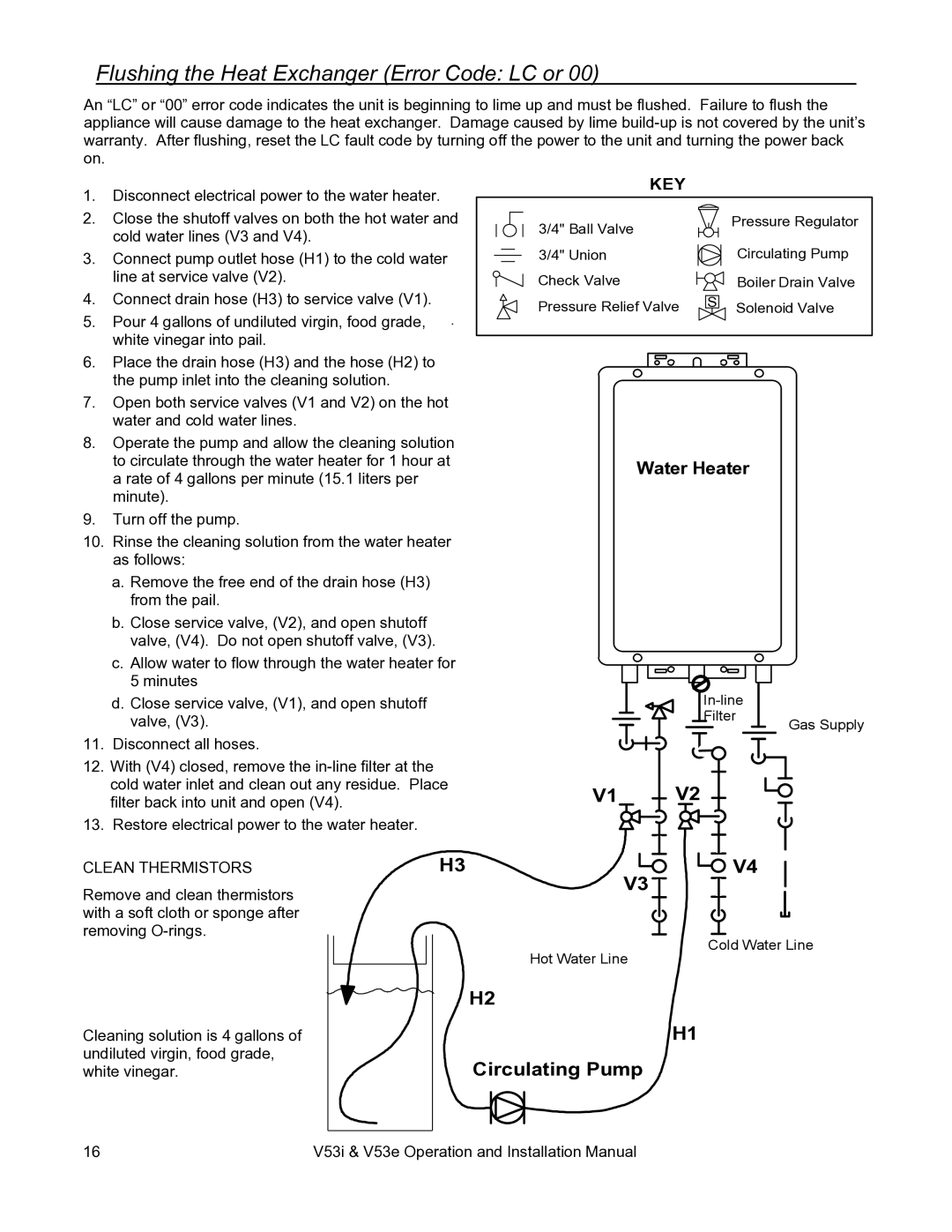 Rinnai V53E, V53I installation manual Flushing the Heat Exchanger Error Code LC or, Circulating Pump 