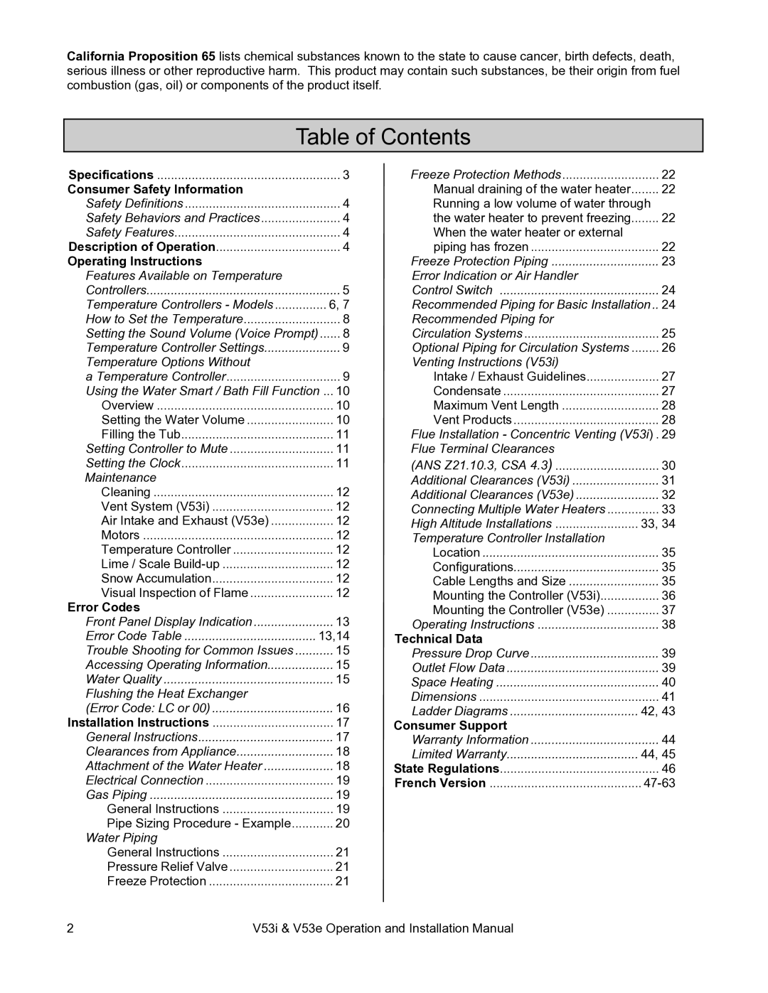 Rinnai V53E, V53I installation manual Table of Contents 