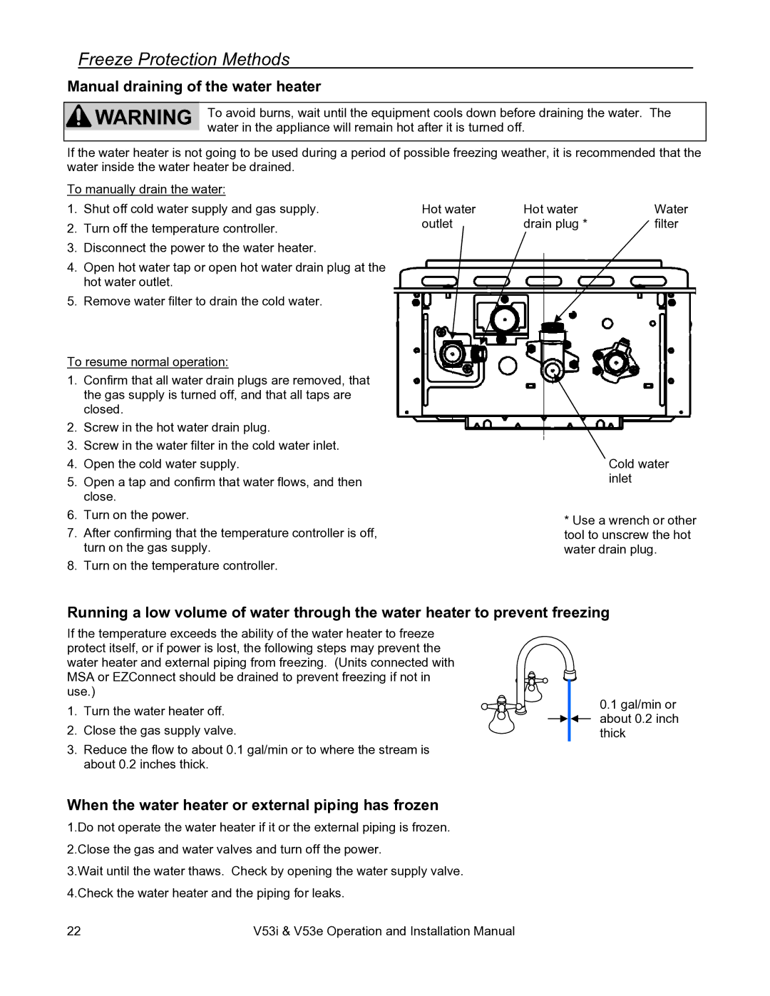 Rinnai V53E, V53I installation manual Freeze Protection Methods, Manual draining of the water heater 