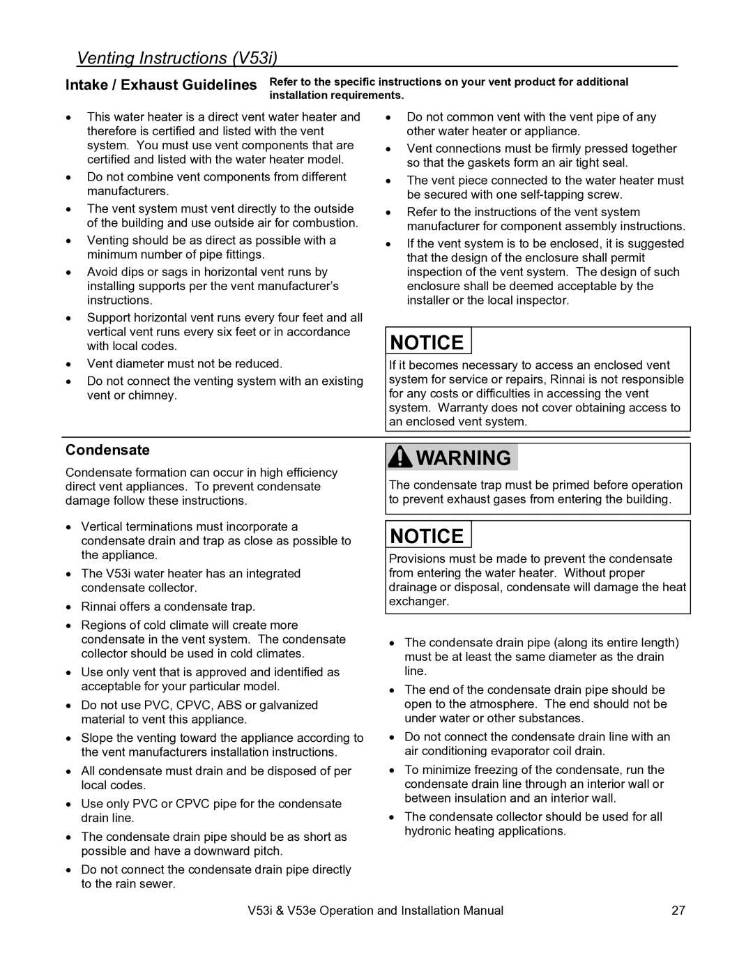 Rinnai V53I, V53E installation manual Venting Instructions, Intake / Exhaust Guidelines, Condensate 