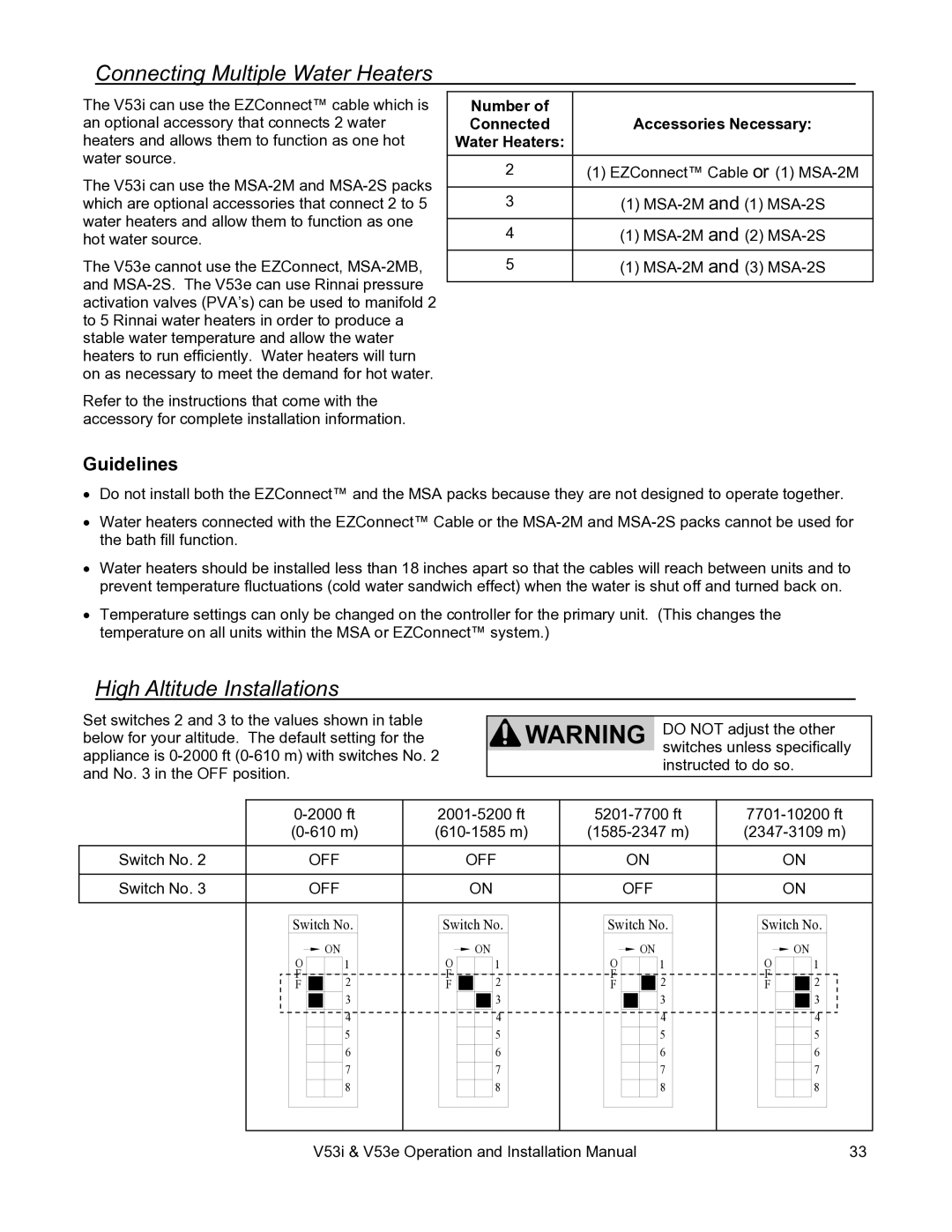 Rinnai V53I, V53E installation manual Connecting Multiple Water Heaters, High Altitude Installations, Guidelines 