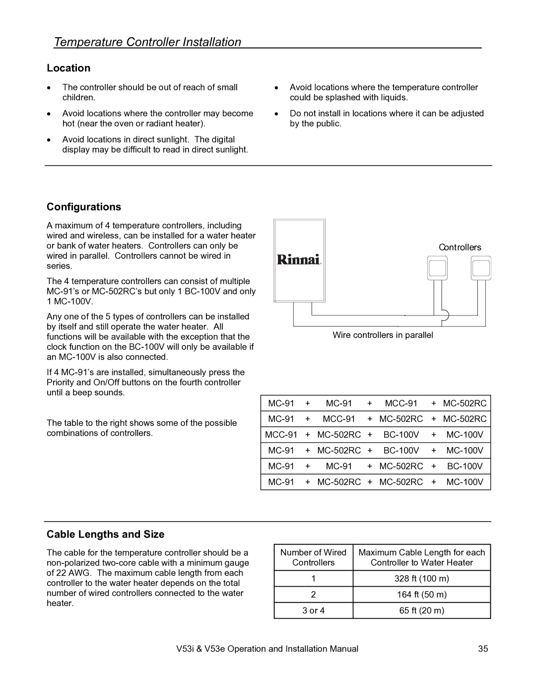 Rinnai V53I, V53E installation manual Temperature Controller Installation, Location, Configurations, Cable Lengths and Size 