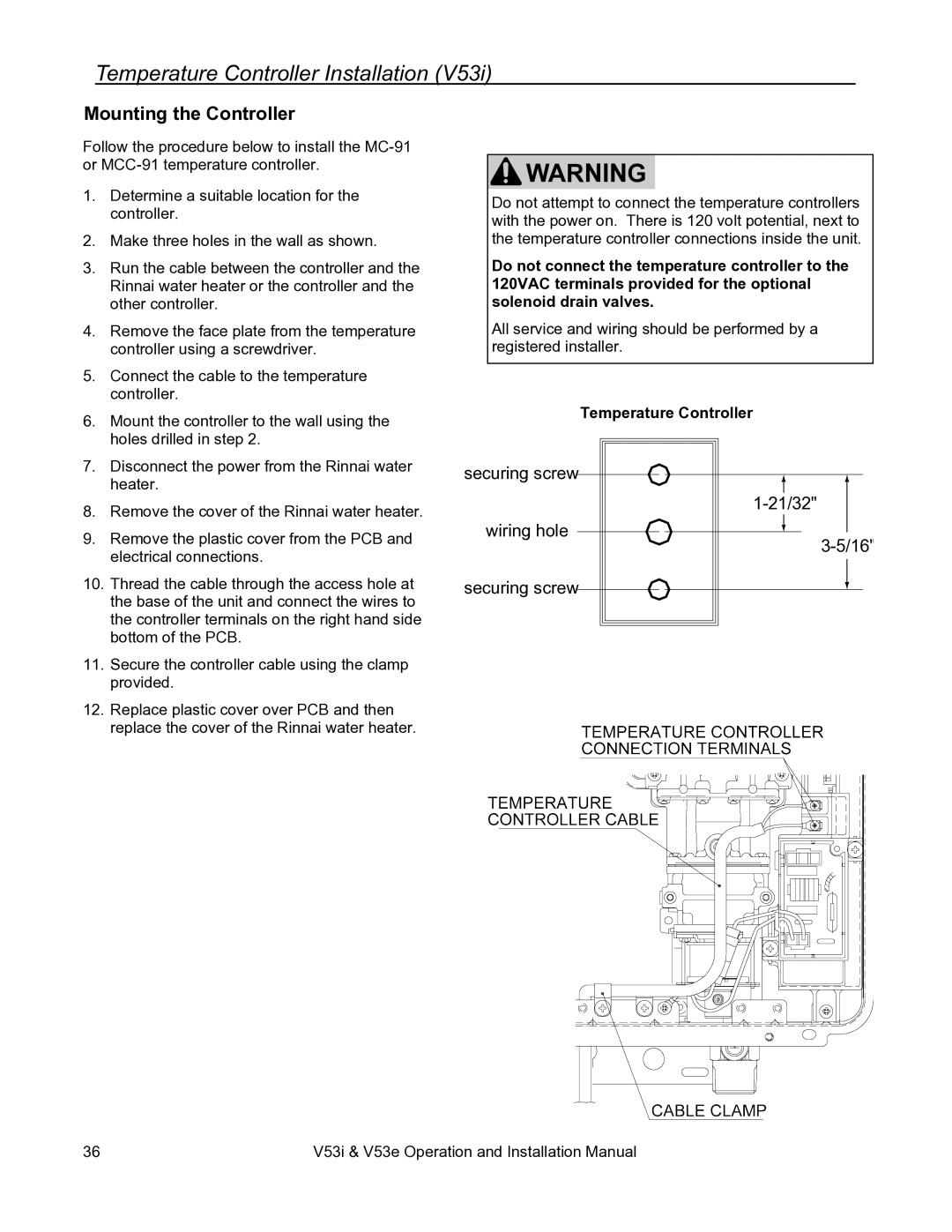 Rinnai V53E, V53I installation manual Mounting the Controller, Temperature Controller 