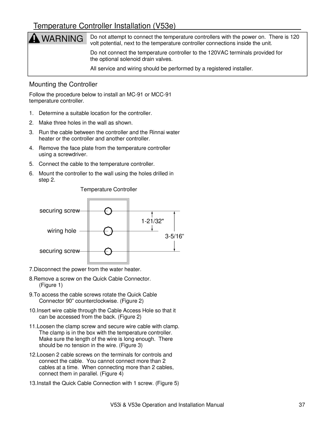 Rinnai V53I, V53E installation manual Temperature Controller Installation V53e 