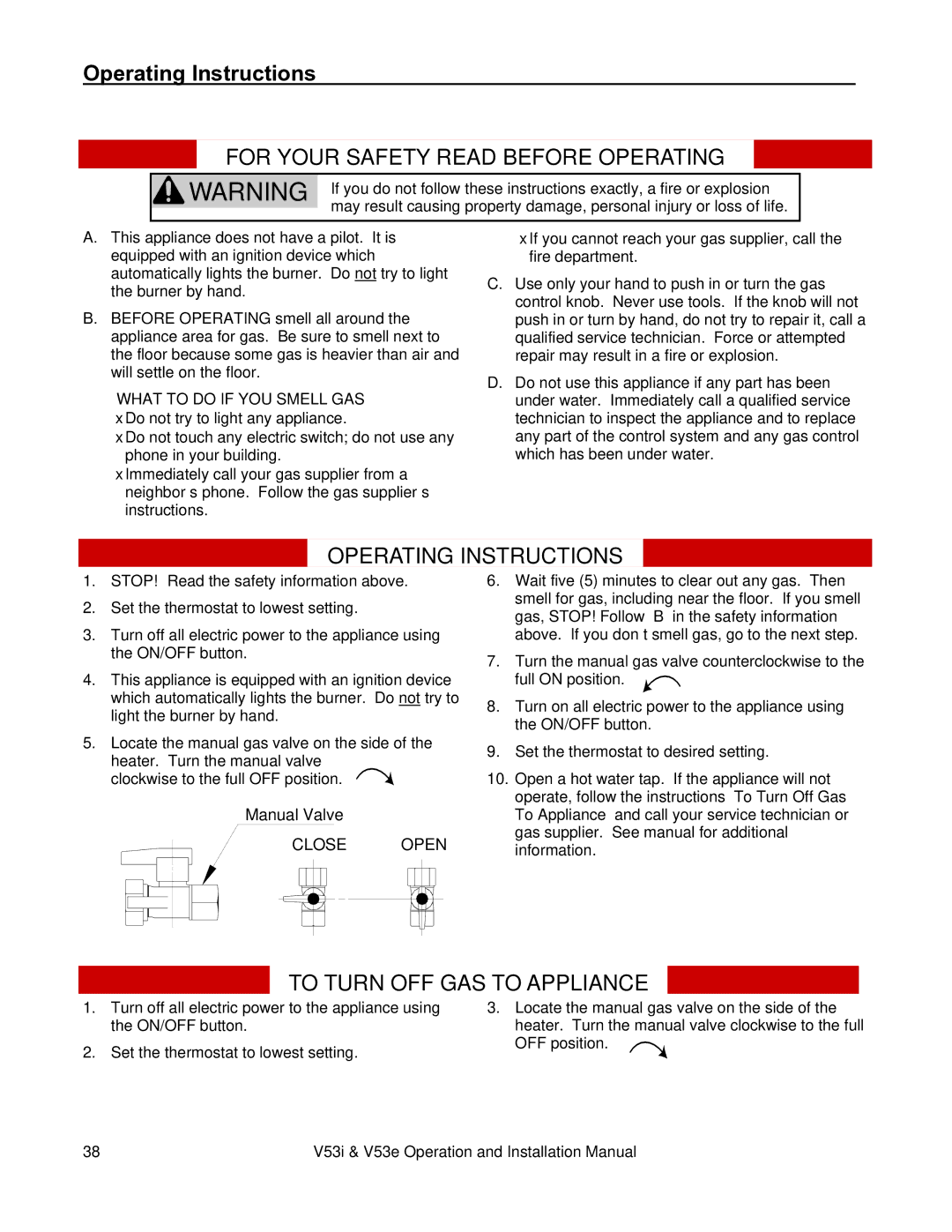 Rinnai V53E, V53I installation manual Operating Instructions, For Your Safety Read Before Operating 