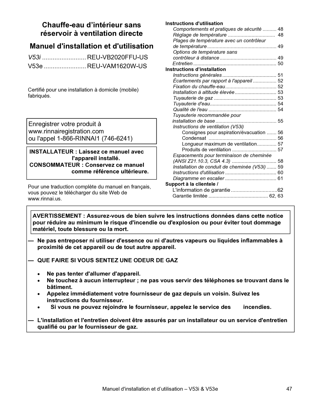 Rinnai V53I, V53E installation manual Instructions dutilisation, Instructions d’installation, Support à la clientele 