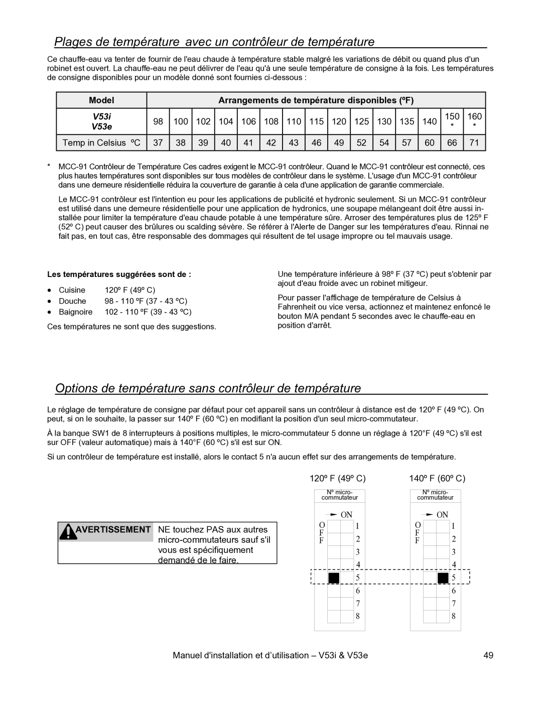 Rinnai V53I Plages de température avec un contrôleur de température, Options de température sans contrôleur de température 