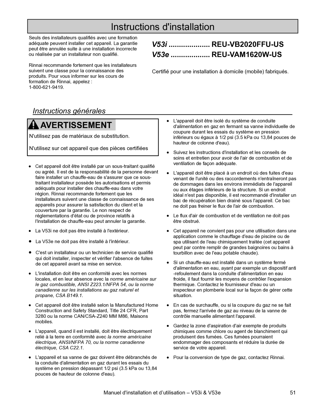 Rinnai V53I, V53E installation manual Instructions dinstallation, Instructions générales 