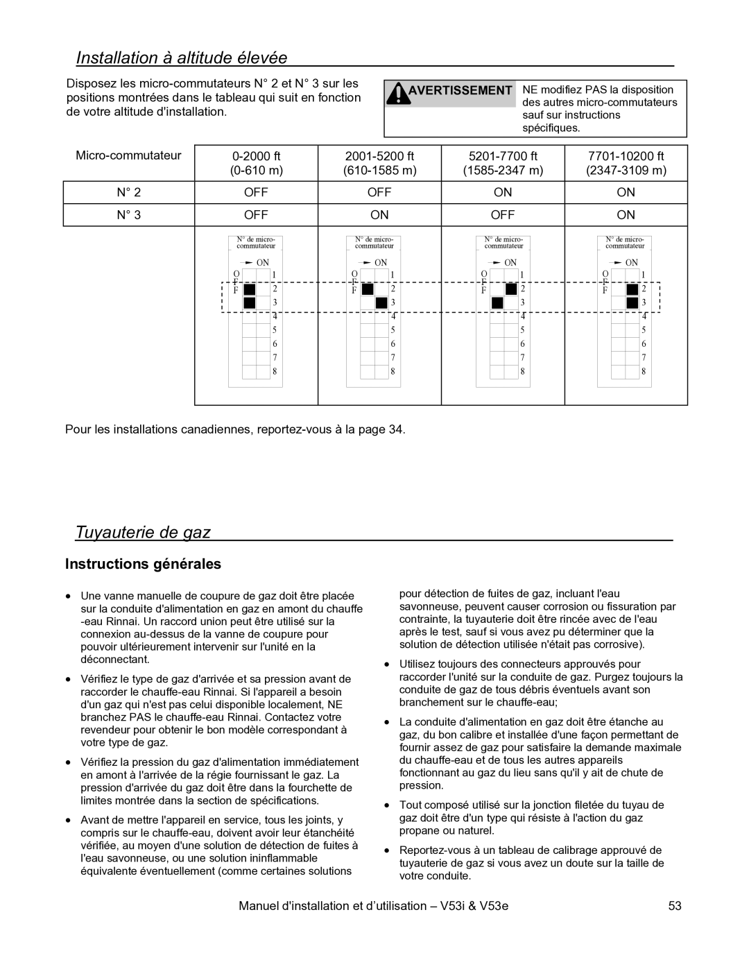 Rinnai V53I, V53E installation manual Installation à altitude élevée, Tuyauterie de gaz, Instructions générales 