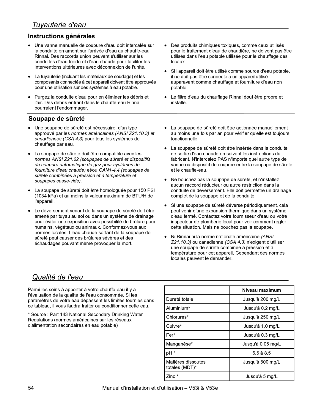 Rinnai V53E, V53I installation manual Tuyauterie deau, Qualité de leau, Soupape de sûreté 