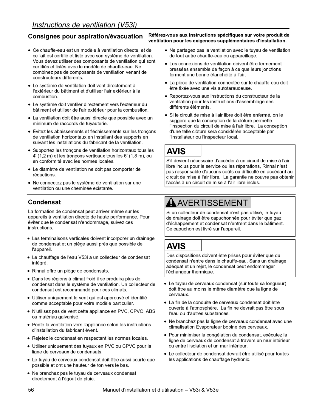 Rinnai V53E, V53I installation manual Instructions de ventilation, Consignes pour aspiration/évacuation, Condensat 