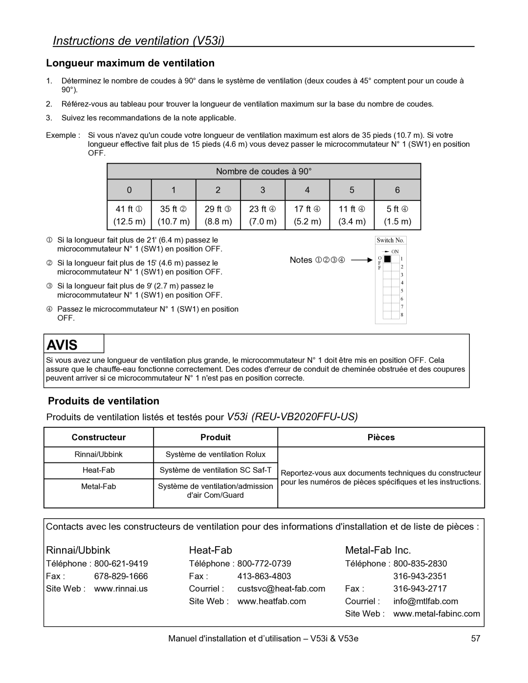 Rinnai V53I, V53E installation manual Longueur maximum de ventilation, Produits de ventilation, Constructeur Produit Pièces 