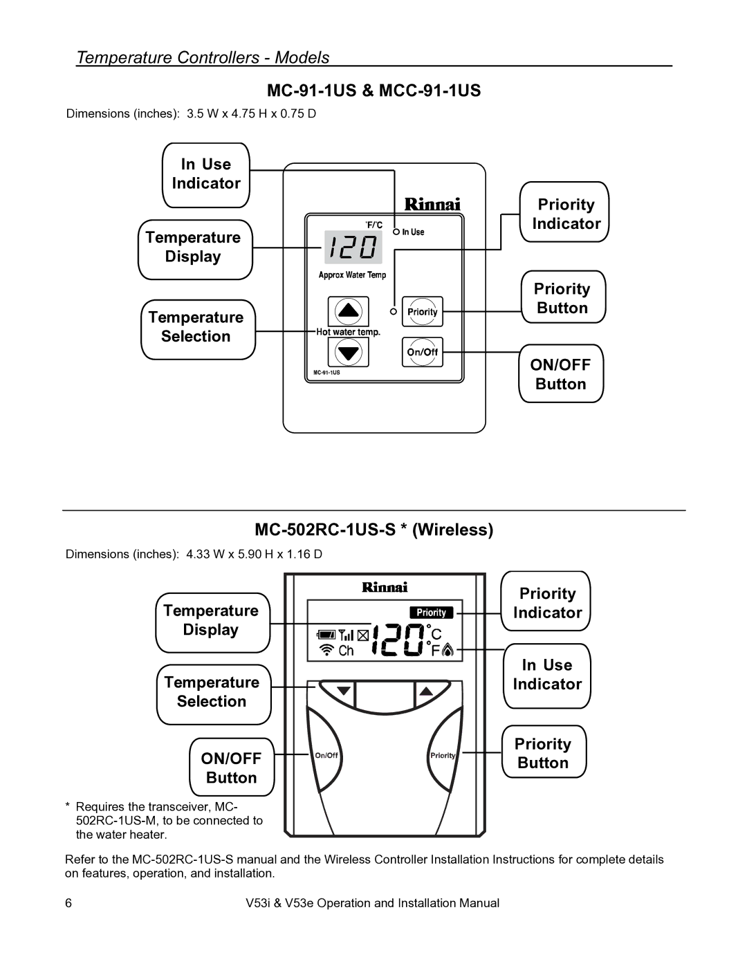 Rinnai V53E, V53I installation manual Temperature Controllers Models, MC-91-1US & MCC-91-1US 