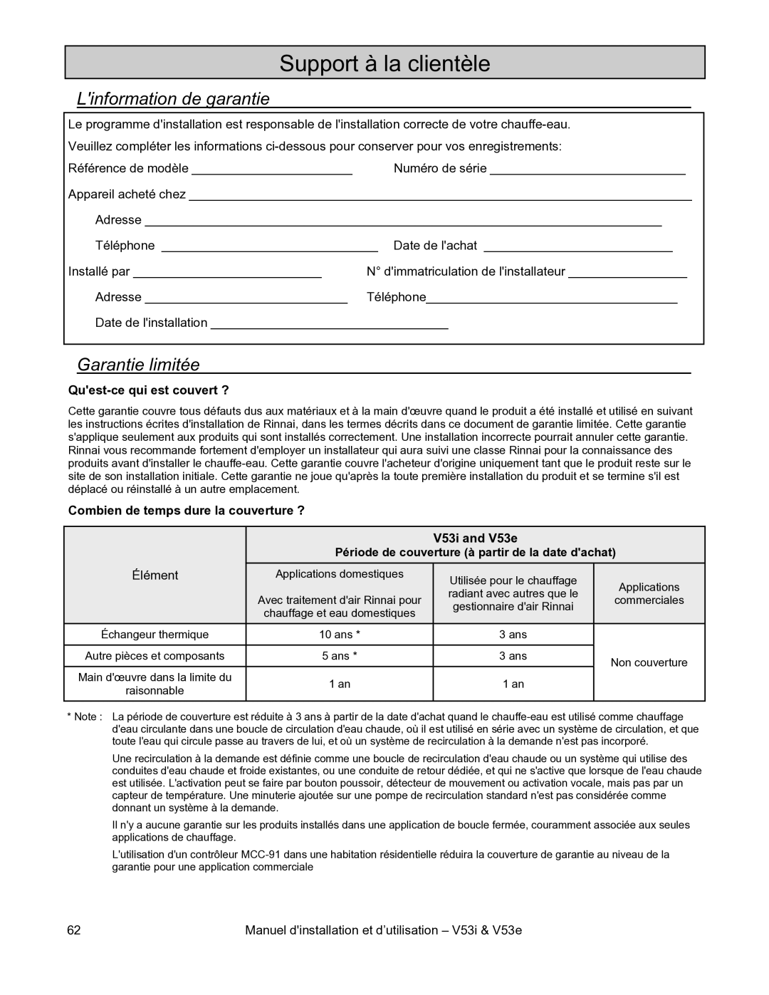 Rinnai V53E, V53I Support à la clientèle, Linformation de garantie, Garantie limitée, Quest-ce qui est couvert ? 