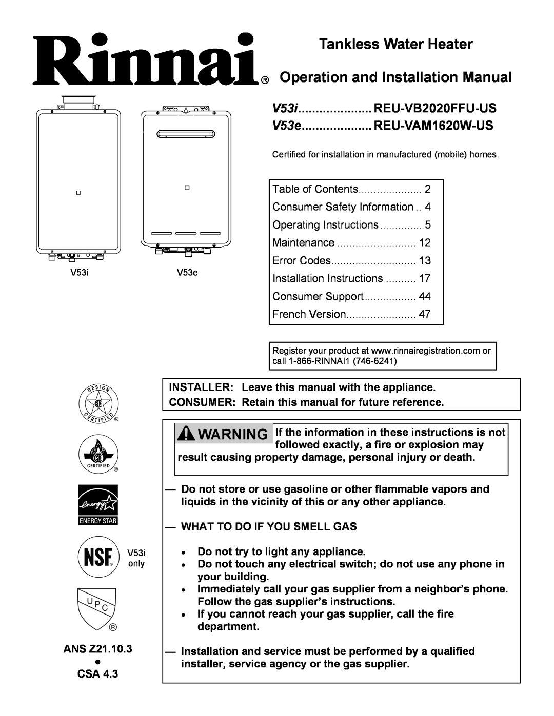 Rinnai V53I installation manual Tankless Water Heater, Operation and Installation Manual, V53i, V53e, REU-VAM1620W-US 