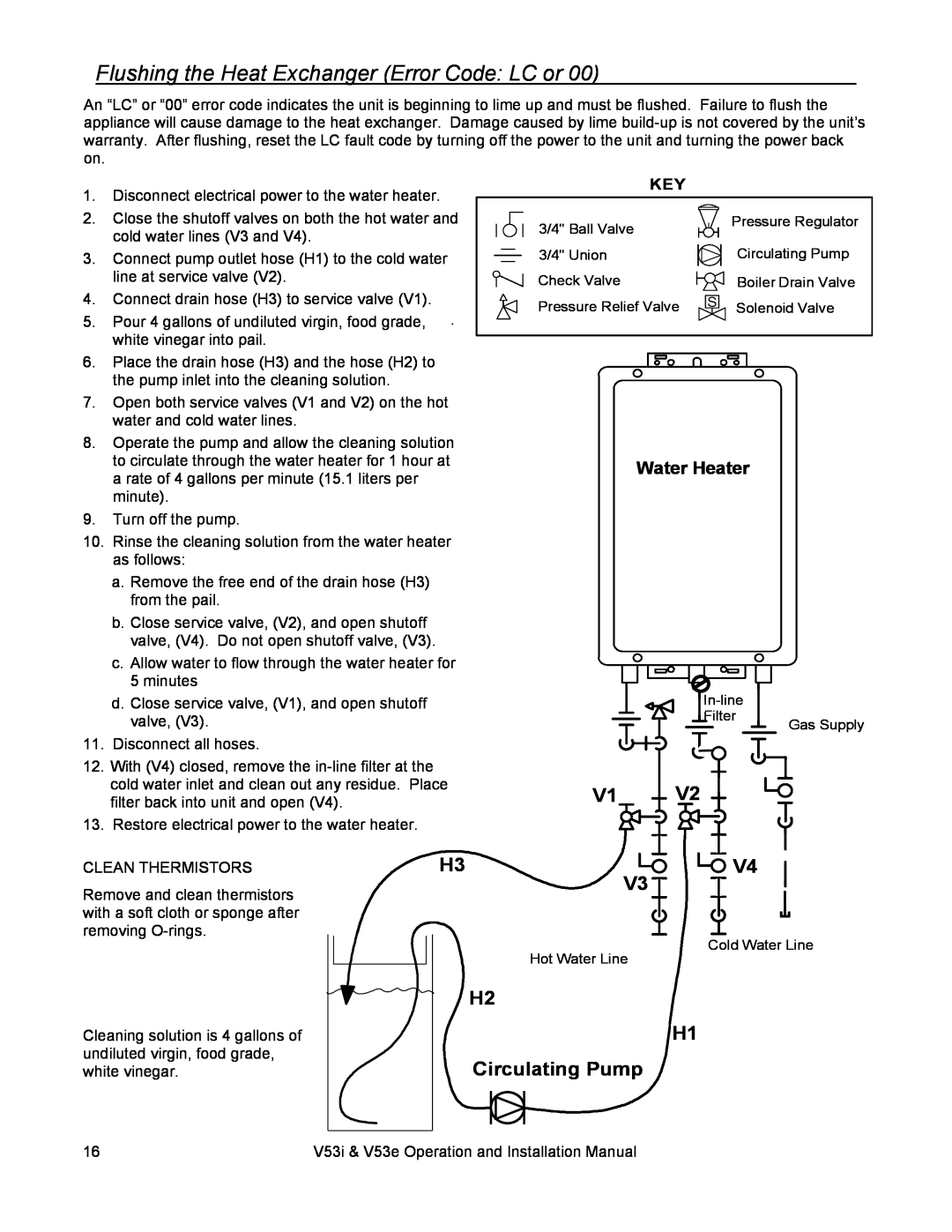 Rinnai V53E, V53I installation manual Flushing the Heat Exchanger Error Code: LC or, H2 H1 Circulating Pump, Water Heater 