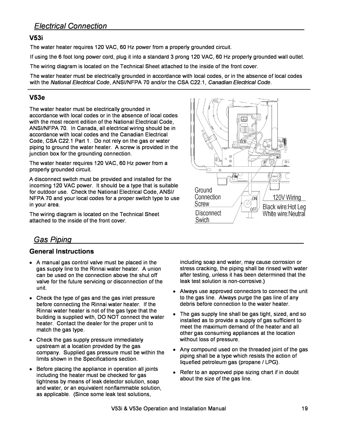 Rinnai V53I, V53E installation manual Electrical Connection, Gas Piping, V53i, V53e, General Instructions 