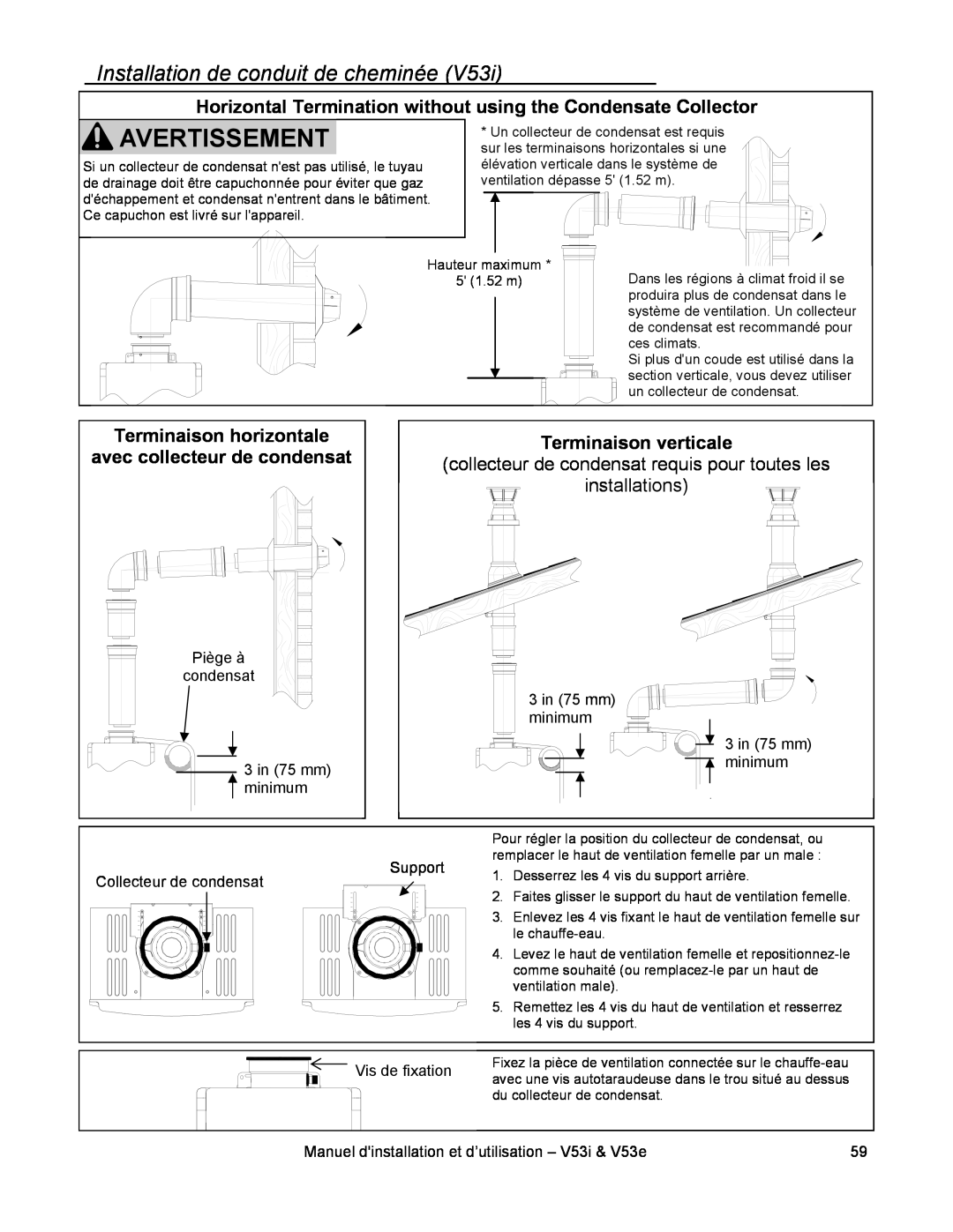 Rinnai V53I, V53E installation manual Installation de conduit de cheminée, Vis de fixation 