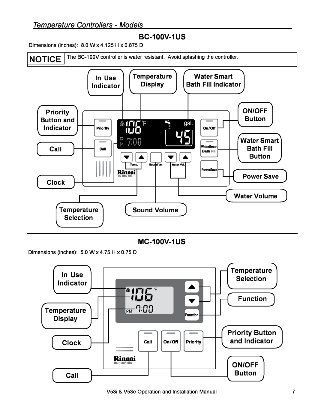 Rinnai V53I BC-100V-1US, MC-100V-1US, In Use Indicator Temperature Display Clock Call, Temperature Selection Function 