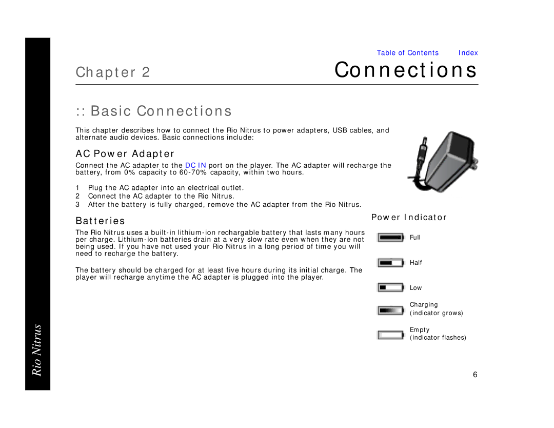 Rio Audio 41000855-004_B manual Basic Connections, AC Power Adapter, Batteries 