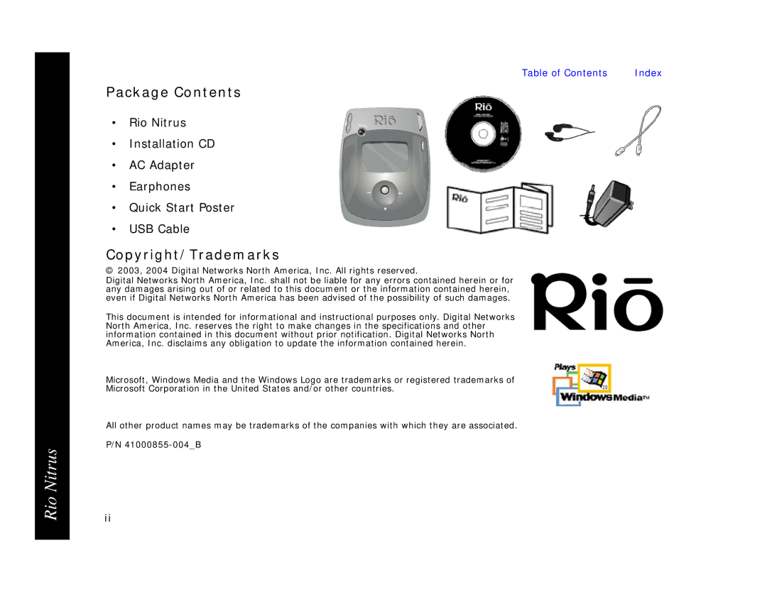 Rio Audio 41000855-004_B manual Package Contents, Copyright/Trademarks 