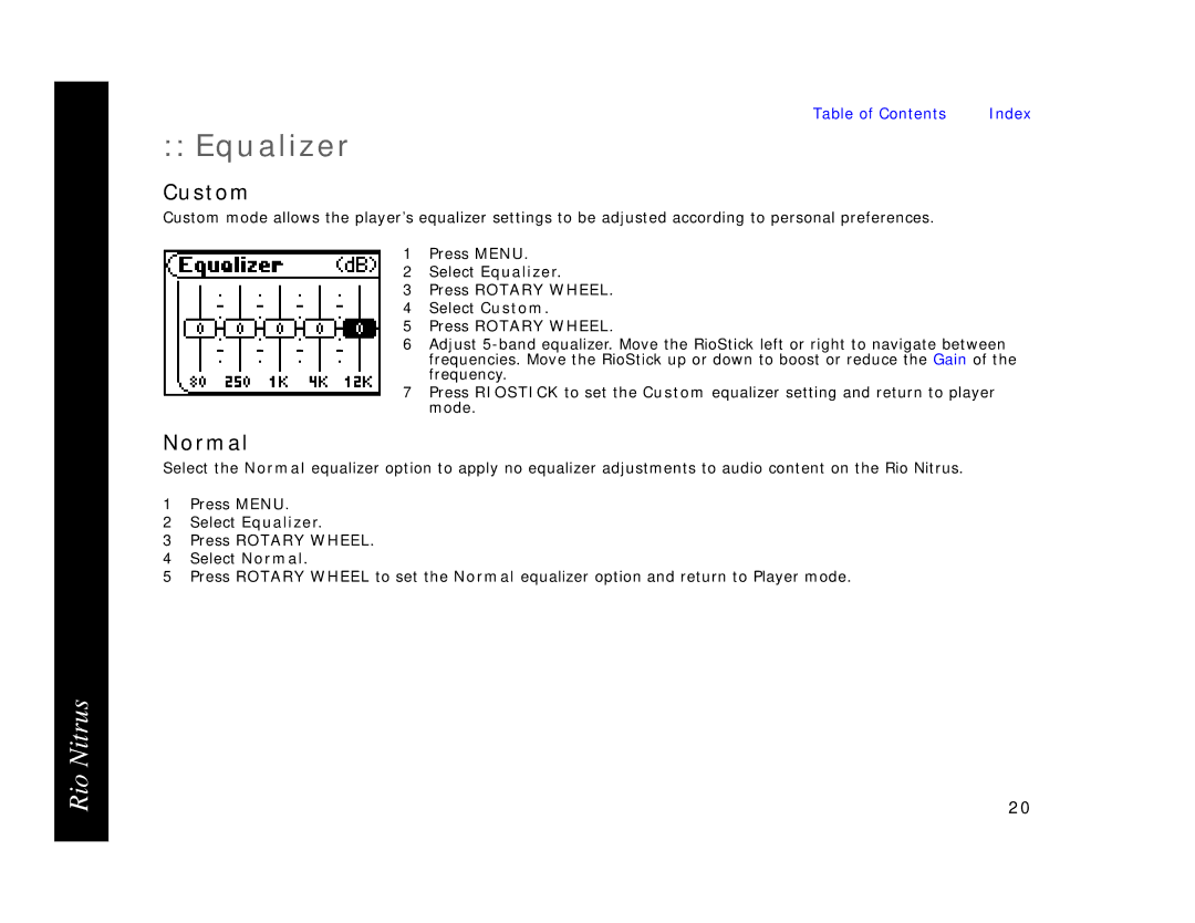 Rio Audio 41000855-004_B manual Custom, Normal, Select Equalizer Press Rotary Wheel 