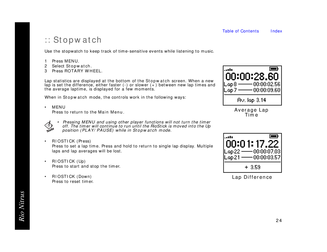 Rio Audio 41000855-004_B manual Select Stopwatch Press Rotary Wheel, Riostick Up, Riostick Down Press to reset timer 