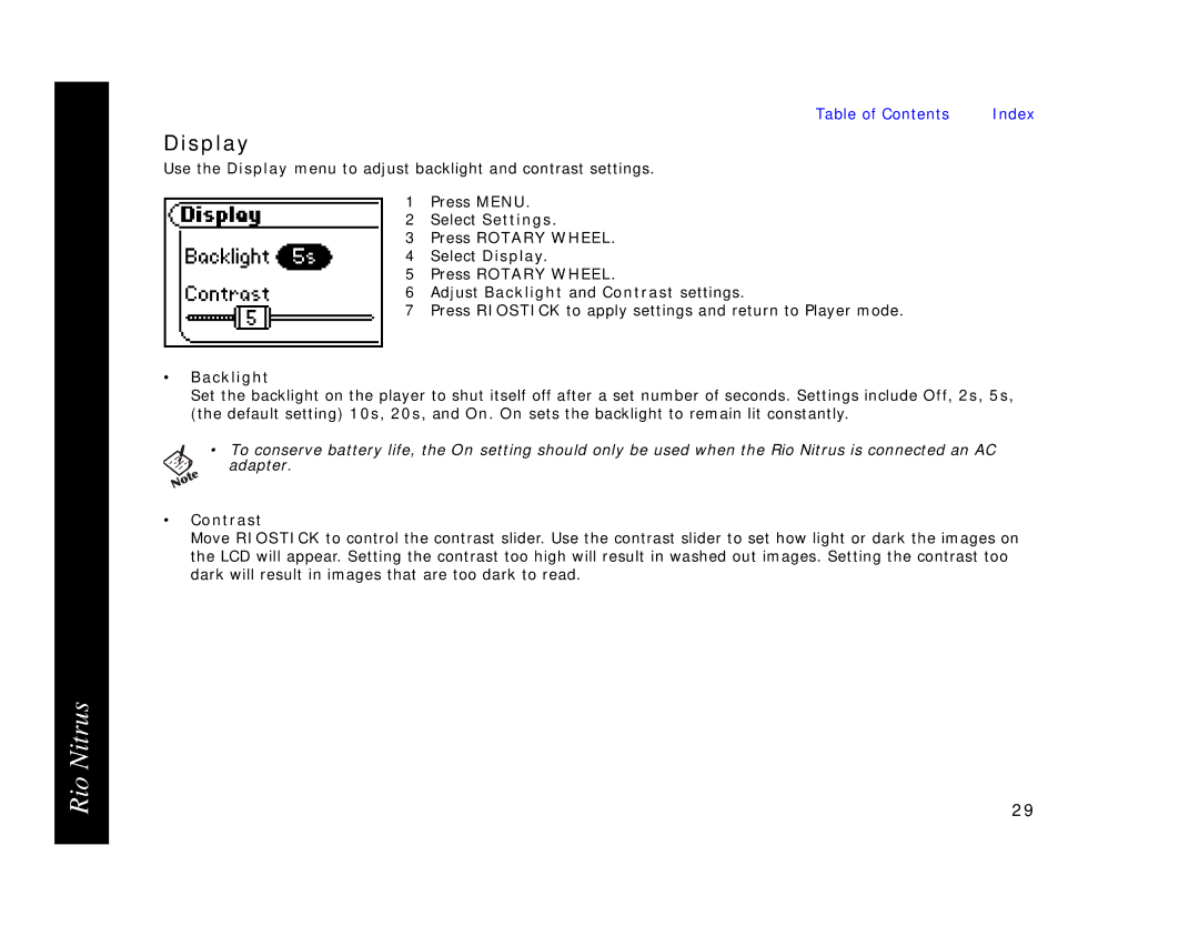 Rio Audio 41000855-004_B manual Display, Backlight, Contrast 